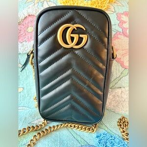 Gucci Marmont Black Chevron Crossbody Bag with Gold Logo